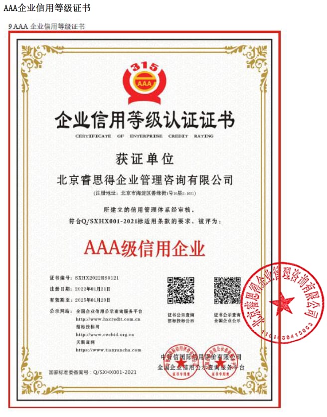 睿思得AAA信用等级证书